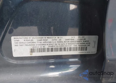 2010 Volkswagen Jetta Limited Edition из США, поврежденный, VIN 3VWRX7AJ0AM136319